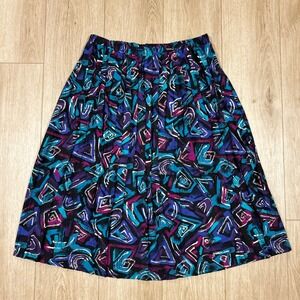 Vintage 90s Geometric Abstract Print Rayon Midi Skirt Plus Size 16W‎ Teal Blue